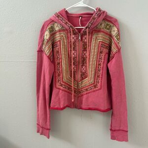 Free People Boho Embroidered Pink Full-Zip Hoodie Jacket